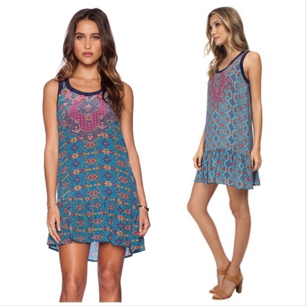 Tolani Silk Vibrant Tank Dress Sz Small Pink Blue Ruffle Hem Beach